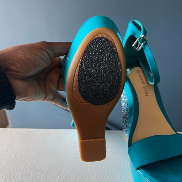 Platform, teal suede sandals with colored stones on heel,size 7.5. - Picture 4 of 5